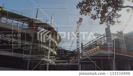 Displaying building skeleton rising at construction site, with tower crane and data overlay panels Displaying building skeleton rising at construction site, with tower crane and data overlay panels 133510499