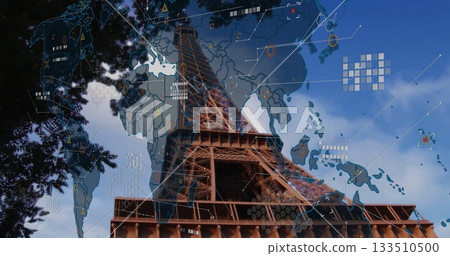Capturing iron Eiffel Tower rising into Paris sky, with world map overlay and digital network icons Capturing iron Eiffel Tower rising into Paris sky, with world map overlay and digital network icons 133510500