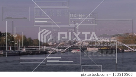 Showcasing white arched footbridge spanning river at promenade displaying floating data overlays 133510503