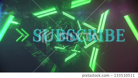 Pulsing neon 'SUBSCRIBE' text shining in digital tunnel, with green bars, arrows, circuit panels Pulsing neon 'SUBSCRIBE' text shining in digital tunnel, with green bars, arrows, circuit panels 133510511