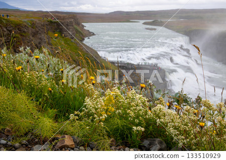 Gullfoss, meaning "golden waterfall," flows from the Hvítaá River in Iceland, a Nordic island nation. Gullfoss, meaning "golden waterfall," flows from the Hvítaá River in Iceland, a Nordic island nation. 133510929