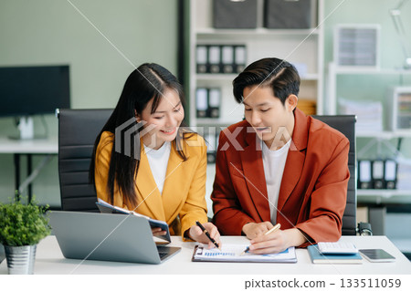 Asian female marketing manager with Kind leader executive manager share and discuss business solutions plan ideas Asian female marketing manager with Kind leader executive manager share and discuss business solutions plan ideas 133511059