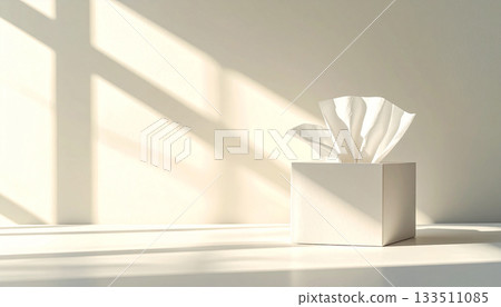 A tissue box placed in a clean, simple space, bathed in soft natural light and shadows. A tissue box placed in a clean, simple space, bathed in soft natural light and shadows. 133511085
