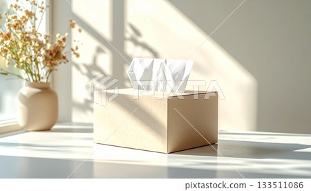 A tissue box placed in a clean, simple space, bathed in soft natural light and shadows. 133511086
