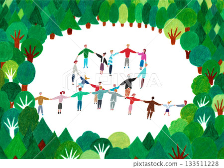 Hand-drawn illustration: People holding hands in a heart shape among the trees Hand-drawn illustration: People holding hands in a heart shape among the trees 133511228