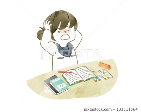 Female student holding her head while studying - watercolor Female student holding her head while studying - watercolor 133511564