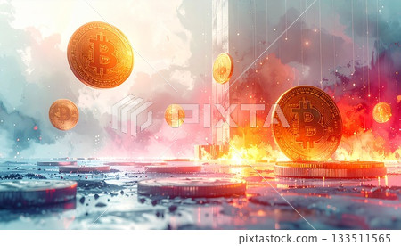 Bitcoin cryptocurrency shining in flames and light, the future of digital finance and technology Bitcoin cryptocurrency shining in flames and light, the future of digital finance and technology 133511565