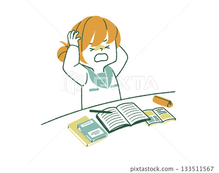 女學生學習時抱頭-4種顏色 女學生學習時抱頭-4種顏色 133511567