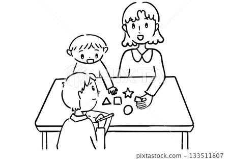 Parents and children undergoing parent training with support staff watching over them 133511807