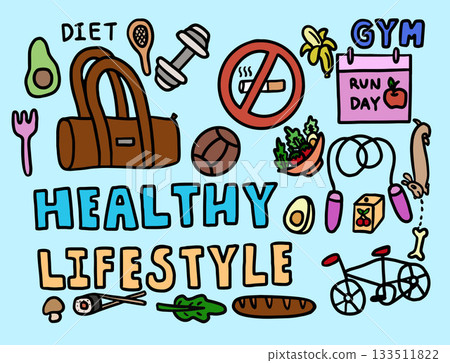 Hand drawn vector illustrations of healthy lifestyle such as gym bag, no smoking sign, bicycle, banana, salad bowl, avocado, egg, dumbbell, juice, bread, sushi, jumping rope, walking dog, basketball	 133511822