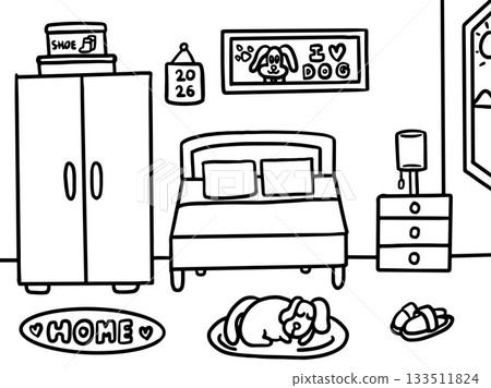 Hand drawn outline vector of bedroom with bed, pillow, closet, drawer, hanging pictures, calendar, sleeping puppy, HOME mat, window, lamp, slippers for home decor, house tour, room, kid colouring book Hand drawn outline vector of bedroom with bed, pillow, closet, drawer, hanging pictures, calendar, sleeping puppy, HOME mat, window, lamp, slippers for home decor, house tour, room, kid colouring book 133511824