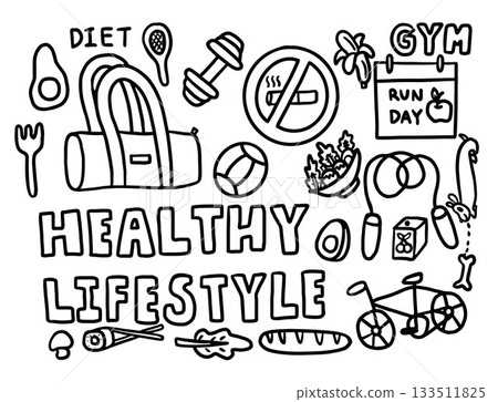 Hand drawn outline vectors of healthy lifestyle such as gym bag, no smoking sign, bicycle, banana, salad bowl, avocado, egg, dumbbell, juice, bread, sushi, jumping rope, walking dog, basketball Hand drawn outline vectors of healthy lifestyle such as gym bag, no smoking sign, bicycle, banana, salad bowl, avocado, egg, dumbbell, juice, bread, sushi, jumping rope, walking dog, basketball 133511825