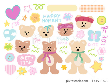 Cute pastel decorations of teddy bear and cat with winter scarf, headband, butterfly, ribbon for animal, stickers, cartoon characters, comic, mascot, sport, festive icon, happy moment, party time Cute pastel decorations of teddy bear and cat with winter scarf, headband, butterfly, ribbon for animal, stickers, cartoon characters, comic, mascot, sport, festive icon, happy moment, party time 133511829