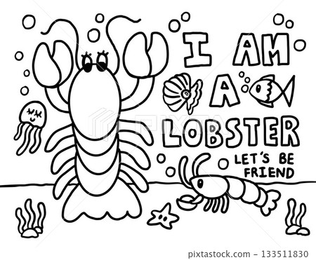 Hand drawn vector outlines of under the sea friends such as lobster, fish, sea shell, jellyfish, starfish, coral reef for sea life background, aquarium, ocean, post card, animal, kid colouring book 133511830