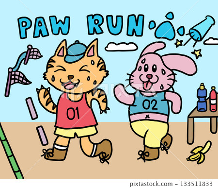 Hand drawn vector illustrations of PAW RUN competition with cat and bunny running, finish line, race flag, energy drinks on table, banana, dumbbell, water or energy drink, clear blue sky for marathon	 133511833