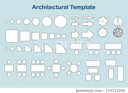 平面圖和樓層平面圖圖示集（箭頭、圓圈、家具圖示） 133511844