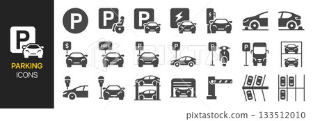 Car parking icon set. It included electric car charging, motorcycle parking, bus parking and more icons. Car parking icon set. It included electric car charging, motorcycle parking, bus parking and more icons. 133512010