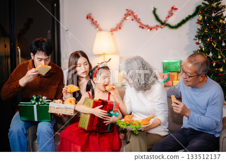 Capture the joy of Christmas with a cheerful family sharing smiles, gifts, and festive moments under a decorated tree 133512137
