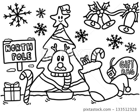 Hand drawn cute Christmas outlines of Christmas tree, reindeer, Santa, socks, candy cane, bag of gift boxes, bell, North Pole sign, happy star, snowflake, snow for kid colouring book, art, sketch Hand drawn cute Christmas outlines of Christmas tree, reindeer, Santa, socks, candy cane, bag of gift boxes, bell, North Pole sign, happy star, snowflake, snow for kid colouring book, art, sketch 133512328