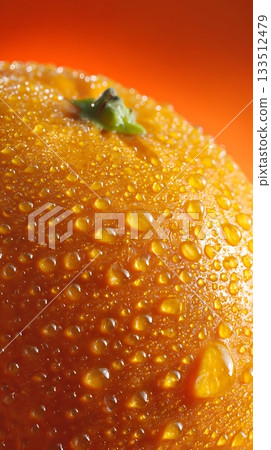 Fresh Orange CloseUp with Water Droplets on Orange Background 133512479