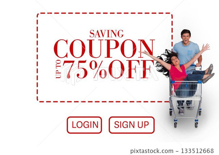 Man is pushing woman in metal shopping cart in flat style with coupon graphic, login or signup butto Man is pushing woman in metal shopping cart in flat style with coupon graphic, login or signup butto 133512668