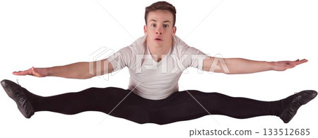 Male teen dancer is performing straddle jump in flat design with white backdrop, black shoes 133512685