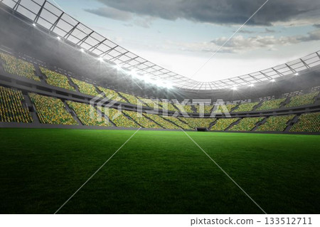 Empty stadium is showing flat design scene with grass turf, tiered seating, floodlights, canopy 133512711