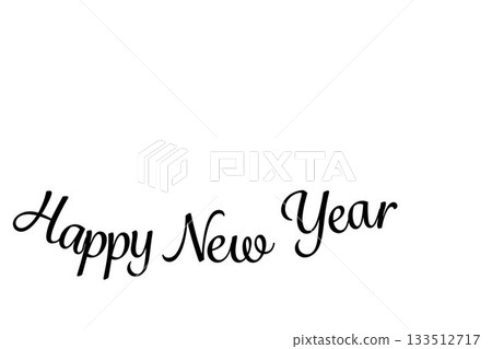 Featuring black cursive Happy New Year text arcing across minimal flat design white canvas 133512717