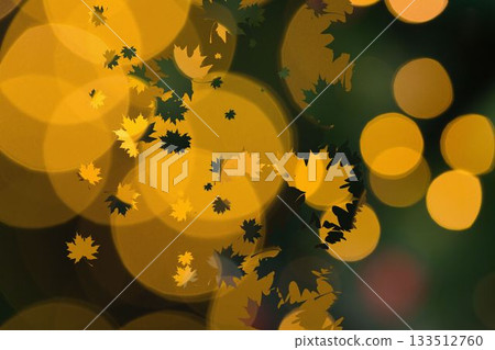 Digital design showing golden-yellow bokeh circles and maple leaf silhouettes over blurred green 133512760