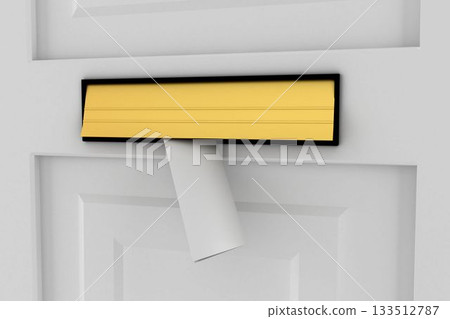 Flat design is showing rectangular mail slot in white paneled door, with yellow hinged flap Flat design is showing rectangular mail slot in white paneled door, with yellow hinged flap 133512787