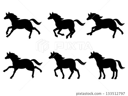 Vector illustration of a simple horse silhouette - running/walking/standing pose set Vector illustration of a simple horse silhouette - running/walking/standing pose set 133512797