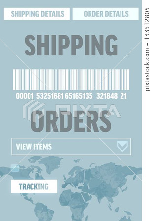 Shipping orders UI is showcasing flat UI with barcode, view or tracking buttons, world-map silhouett Shipping orders UI is showcasing flat UI with barcode, view or tracking buttons, world-map silhouett 133512805