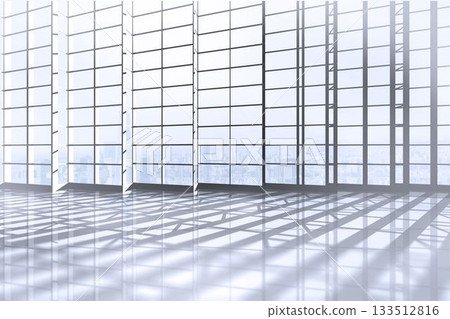 Room with large window overlooking city 133512816