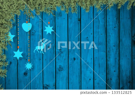 Christmas decorations over wooden planks 133512825