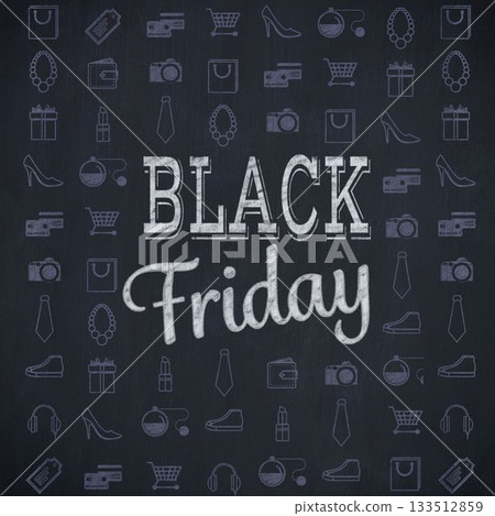 Chalkboard styled poster is displaying BLACK Friday lettering with repeating shopping icons grid Chalkboard styled poster is displaying BLACK Friday lettering with repeating shopping icons grid 133512859