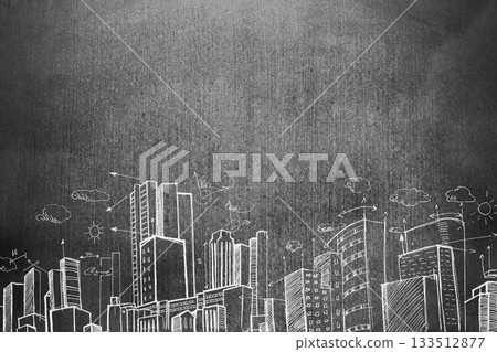 Chalk-drawn city skyline sketch is spanning chalkboard surface with clouds arrows annotations Chalk-drawn city skyline sketch is spanning chalkboard surface with clouds arrows annotations 133512877
