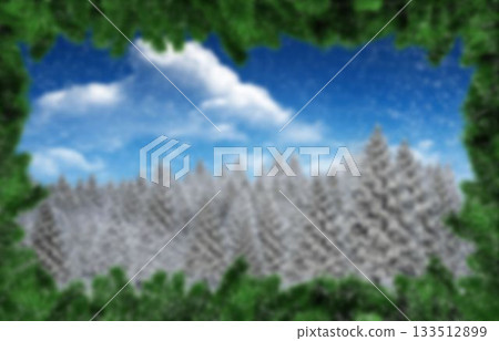 Flat design is showing snowy forest framed by green fir branches under blue sky, white clouds 133512899