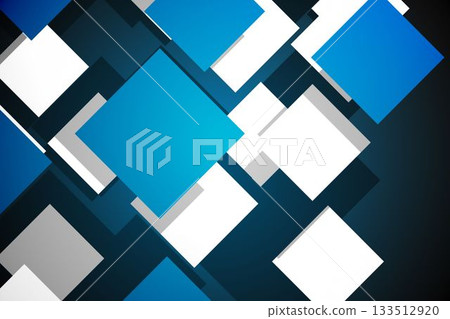 Flat design blue and white rotated squares are floating on dark gradient backdrop with shadows 133512920