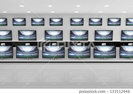 Showcasing flat design store with flat-screen TVs, price tags, display counter and recessed lights 133512948