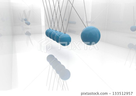3D illustration showing glossy blue pendulums hanging in reflective chamber with mirror reflections 133512957