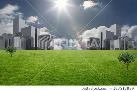 Vibrant green grass field is showcasing flat design wind turbines, city skyline, sun and lens flare Vibrant green grass field is showcasing flat design wind turbines, city skyline, sun and lens flare 133512959