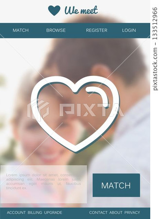 Online dating flat UI is showing blurred couple background with heart overlay and match button 133512966