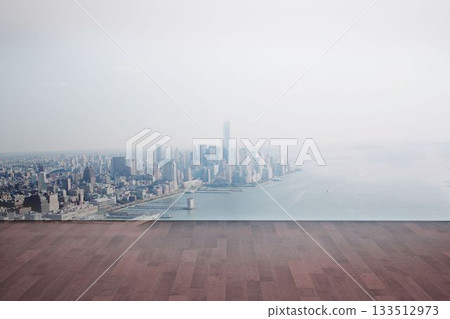 Flat design illustration is showing high-rise lounge with wooden floor overlooking coastal skyline Flat design illustration is showing high-rise lounge with wooden floor overlooking coastal skyline 133512973