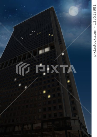 Flat design skyscraper rising street level, featuring grid windows lit under full moon and stars 133512991