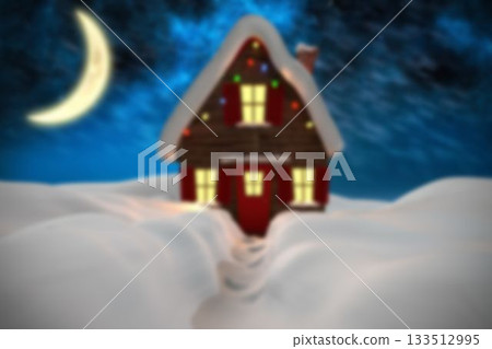 Wooden cabin is glowing in flat design snowy night, with colored lights, footprints, crescent moon 133512995