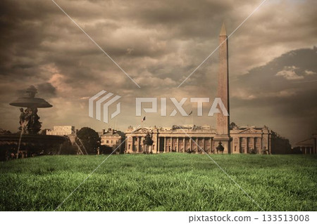 Luxor Obelisk is standing in flat design square with fountain, lawn, building, French flag Luxor Obelisk is standing in flat design square with fountain, lawn, building, French flag 133513008