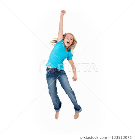 Excited little girl jumping Excited little girl jumping 133513075
