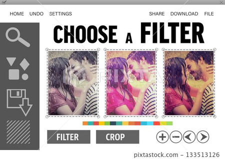 Showing flat interface on transparent background with 3 filter previews, couple embracing in rain 133513126