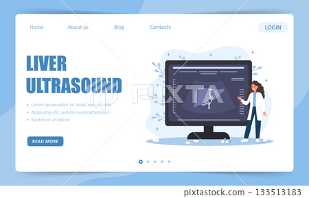 Liver disease concept. Landing page template. Hepatology treatment plan for hepatitis, cirrhosis or hepatic cancer in hospital. Vector illustration in flat cartoon style 133513183