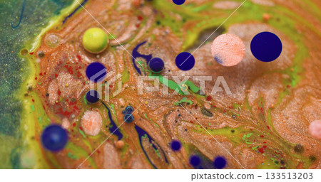 Paint flow. Bright ink. Defocused blue yellow green colorful sparkling water bubble floating on abstract creative acrylic background. Paint flow. Bright ink. Defocused blue yellow green colorful sparkling water bubble floating on abstract creative acrylic background. 133513203